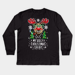 189 Deer Reindeer Rudolph beard cigar My Ugly Christmas Kids Long Sleeve T-Shirt